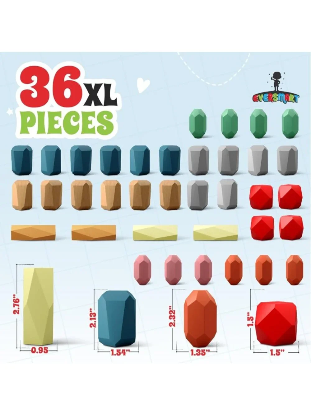 36 Pcs Wooden Stacking Blocks - Montessori Sensory STEM Toys for Toddlers & Kids